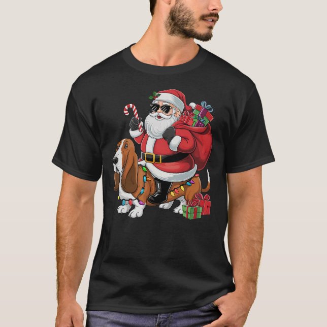 Xmas Lighting Funny Santa Riding Basset Hound Dog  T Shirt (Framsida)