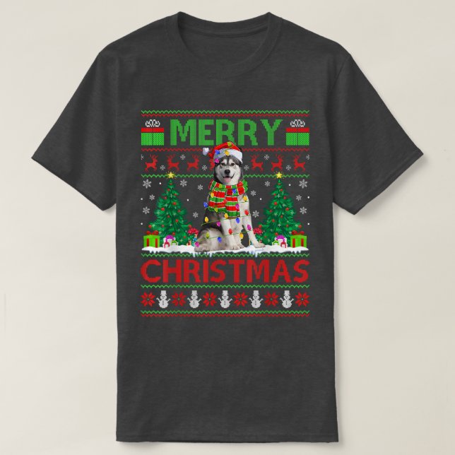 Xmas Lighting Santa Hat Ugly Alaskan Malamute Chri T Shirt (Design framsida)