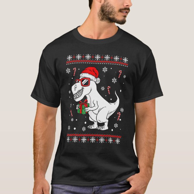 Xmas Lighting Santa Hat Ugly Rex Dinosaurs Christm T Shirt (Framsida)