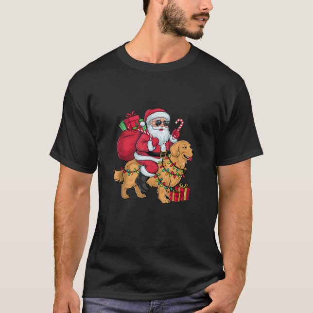 Xmas Lighting Santa Riding Golden Retriever Dog Ch T Shirt (Framsida)