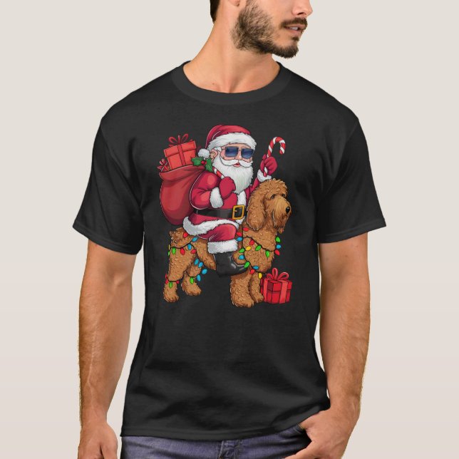 Xmas Lighting Santa Riding Goldendoodle Dog Christ T Shirt (Framsida)
