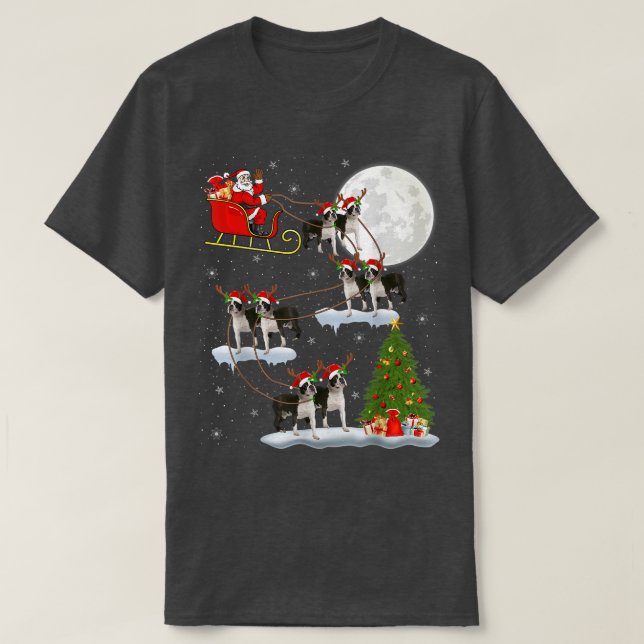 Xmas Lighting Tree Santa Riding Boston Terrier Chr T Shirt (Design framsida)