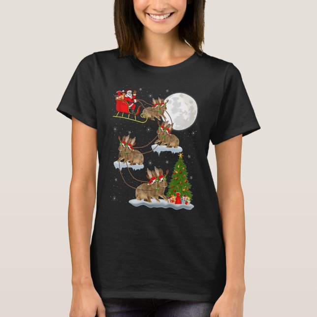 Xmas Lighting Tree Santa Riding Rabbit Christmas T Shirt (Framsida)