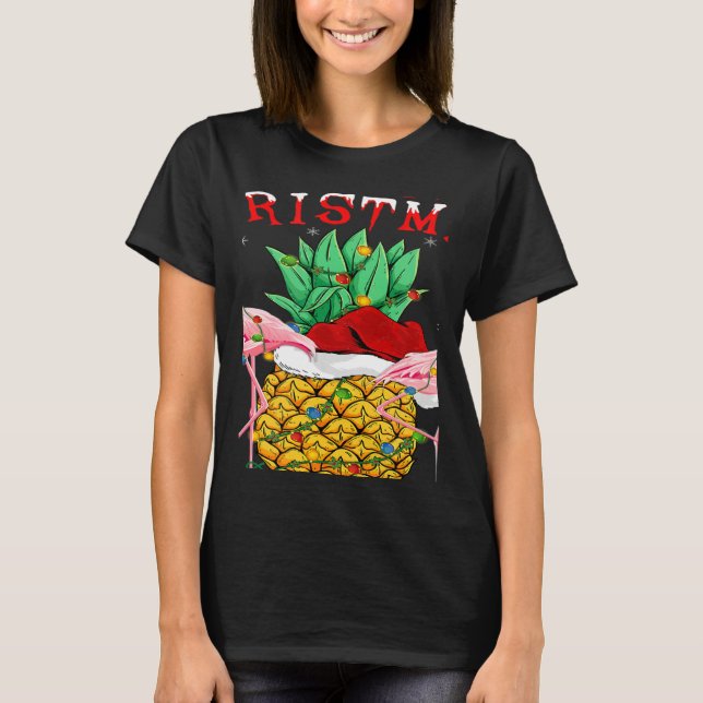 Xmas Lights Santa Flamingo Pineapple Merry Christm T Shirt (Framsida)