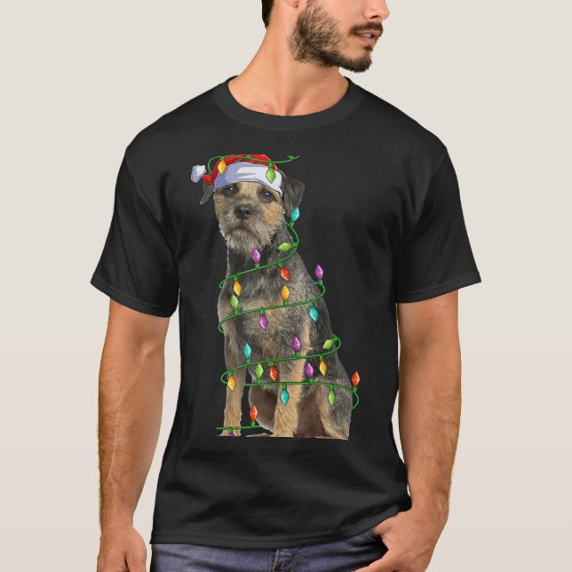 Xmas Lights Santa Hat Border Terrier Dog Christmas T Shirt (Framsida)