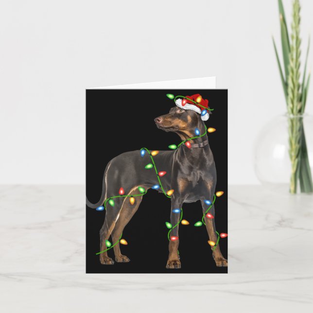 Xmas Lights Santa Hat Doberman Nscher Dog Christ  Kort (Framsida)