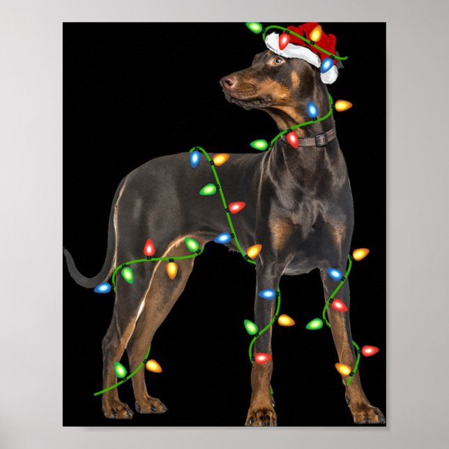 Xmas Lights Santa Hat Doberman Nscher Dog Christ  Poster (Framsidan)