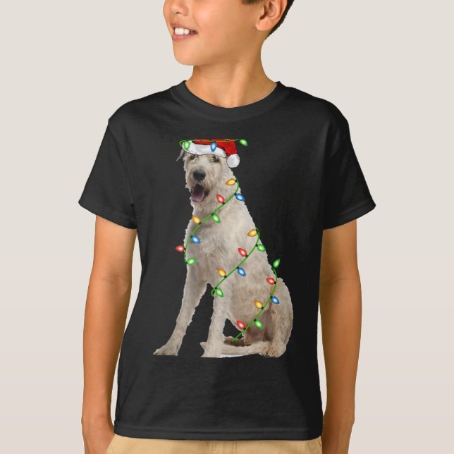Xmas Lights Santa Hat Irish Wolfhound Dog Christma T Shirt (Framsida)