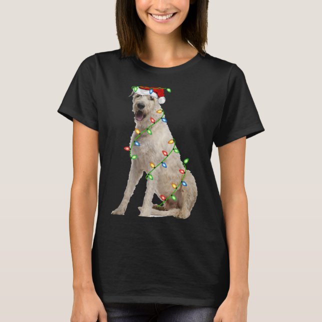 Xmas Lights Santa Hat Irish Wolfhound Dog Christma T Shirt (Framsida)