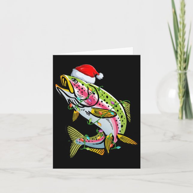 Xmas Lights Santa Hat Rainbow Trout Fish Christmas Kort (Framsida)
