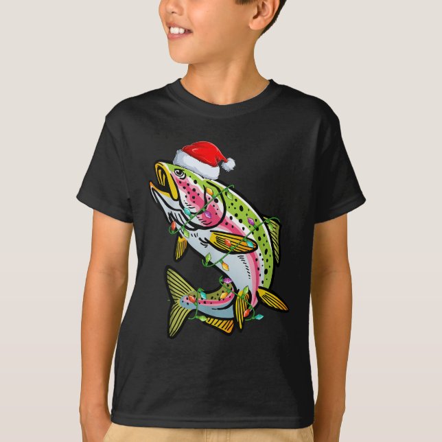 Xmas Lights Santa Hat Rainbow Trout Fish Christmas T Shirt (Framsida)