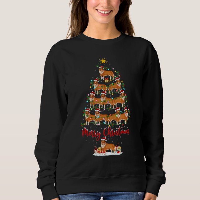 Xmas Lights Santa Rough Collie Dog Christmas Tree  T Shirt (Framsida)