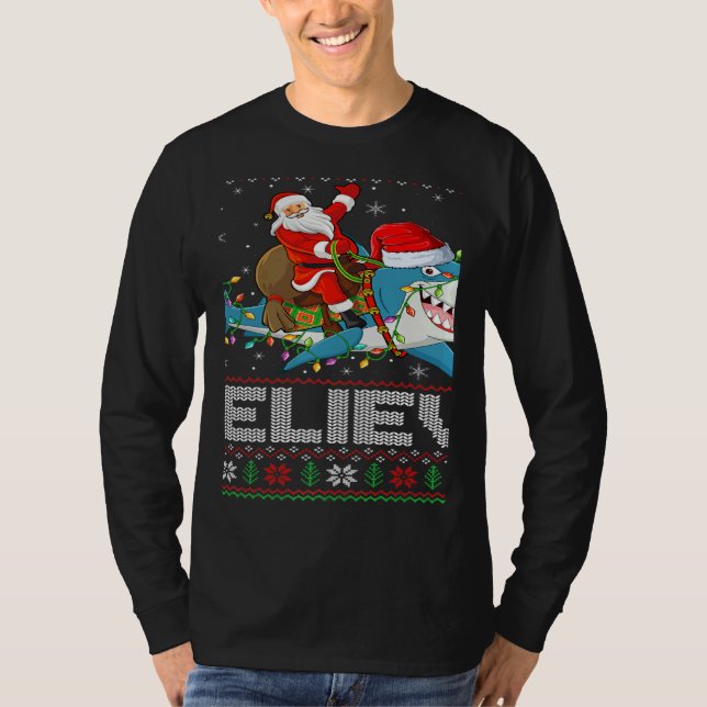 Xmas Lights Shark Believe Ugly Santa Riding Shark  T Shirt (Framsida)