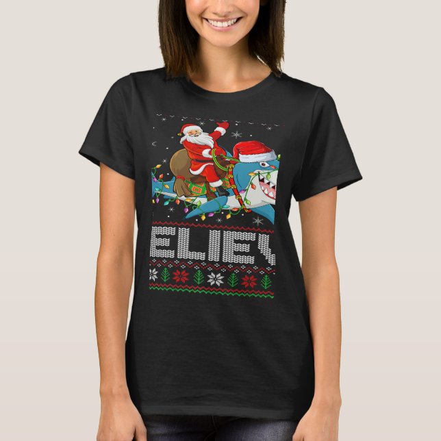 Xmas Lights Shark Believe Ugly Santa Riding Shark  T Shirt (Framsida)