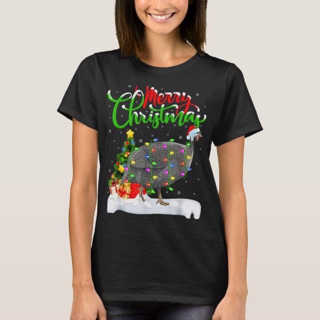 Xmas Lights Tree Santa Guinea Fowl Bird Merry Chri T Shirt (Framsida)