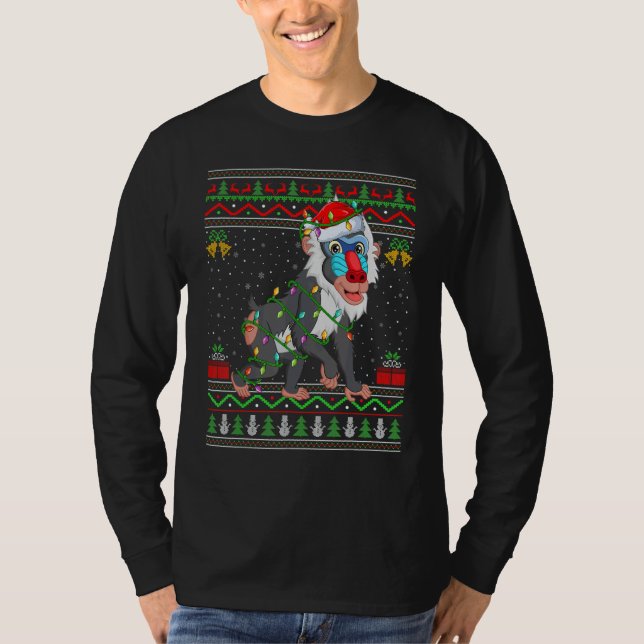 Xmas Lights Ugly Sweater Style Santa Baboon Christ T Shirt (Framsida)