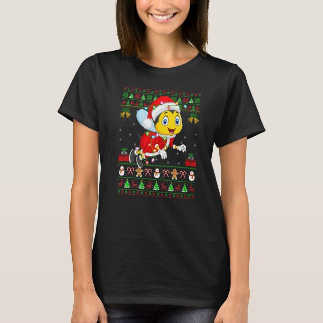 Xmas Lights Ugly Sweater Style Santa Bee Christmas T Shirt (Framsida)