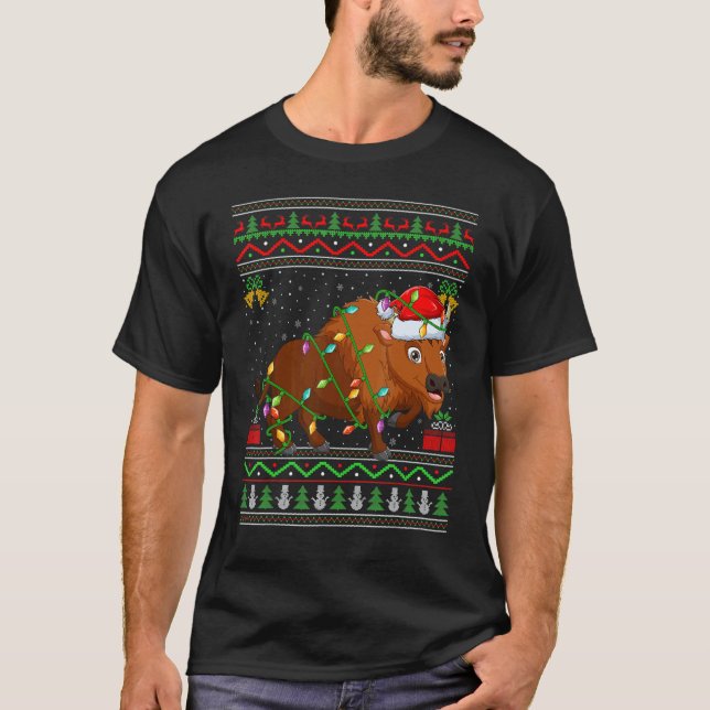 Xmas Lights Ugly Sweater Style Santa Bison Christm T Shirt (Framsida)