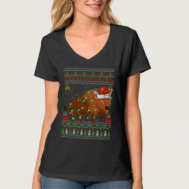 Xmas Lights Ugly Sweater Style Santa Bison Christm T Shirt (Framsida)
