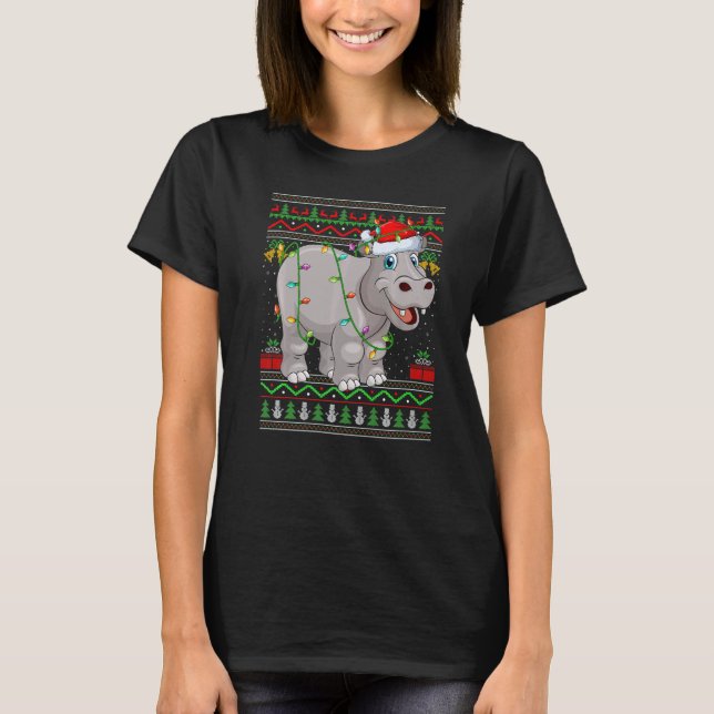 Xmas Lights Ugly Sweater Style Santa Hippopotamus  T Shirt (Framsida)