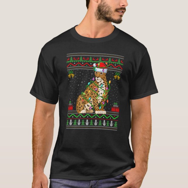 Xmas Lights Ugly Sweater Style Santa Jaguar Christ T Shirt (Framsida)