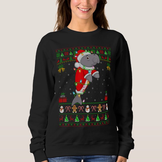 Xmas Lights Ugly Sweater Style Santa Manatee Chris T Shirt (Framsida)