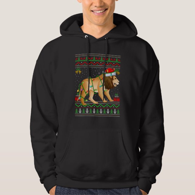 Xmas Lights Ugly Sweater Style Santa Mountain Lion Hoodie (Framsida)