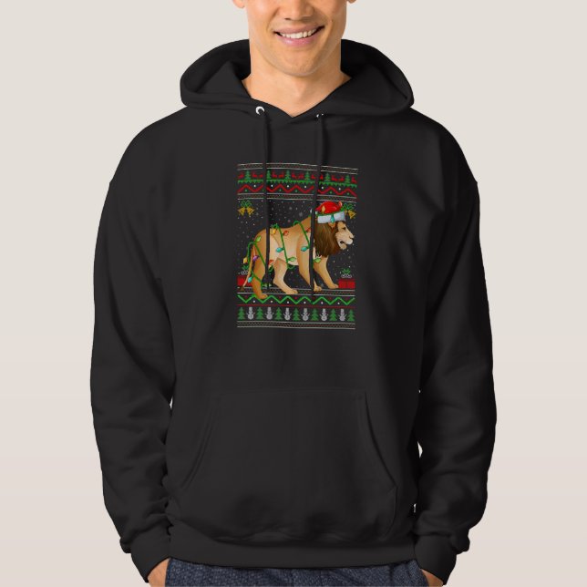 Xmas Lights Ugly Sweater Style Santa Mountain Lion Hoodie (Framsida)