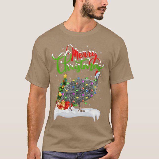 Xmas Lightsree Santa Guinea Fowl Bird Merry Christ T Shirt (Framsida)