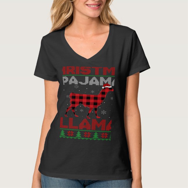 Xmas Llama Red Buffalo Plaid Ugly Llama Christmas  T Shirt (Framsida)