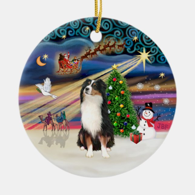 Xmas Magic - Aussie Shepherd (trefärgad) Julgransprydnad Keramik (Framsidan)