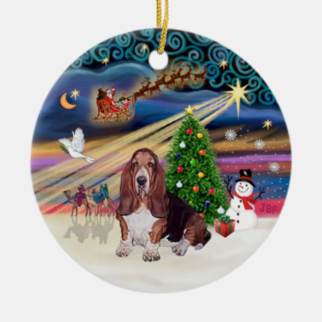 Xmas Magic - Basset Hound Julgransprydnad Keramik (Framsidan)