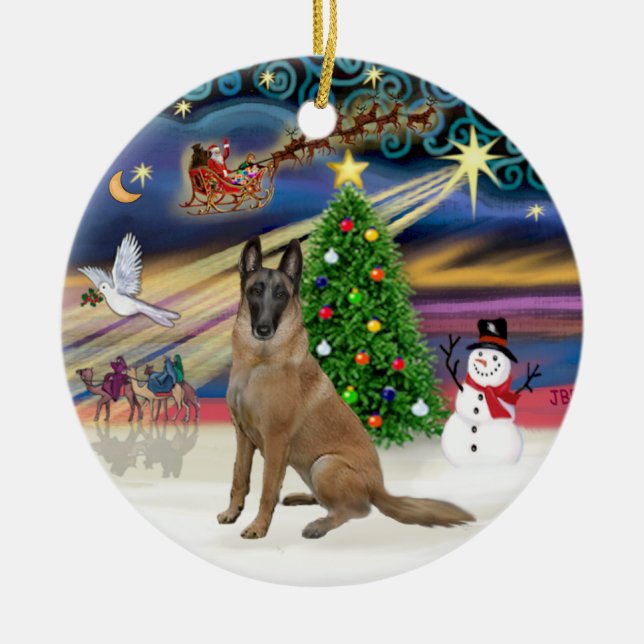 Xmas Magic-Belgisk Malinois 1r Julgransprydnad Keramik (Framsidan)