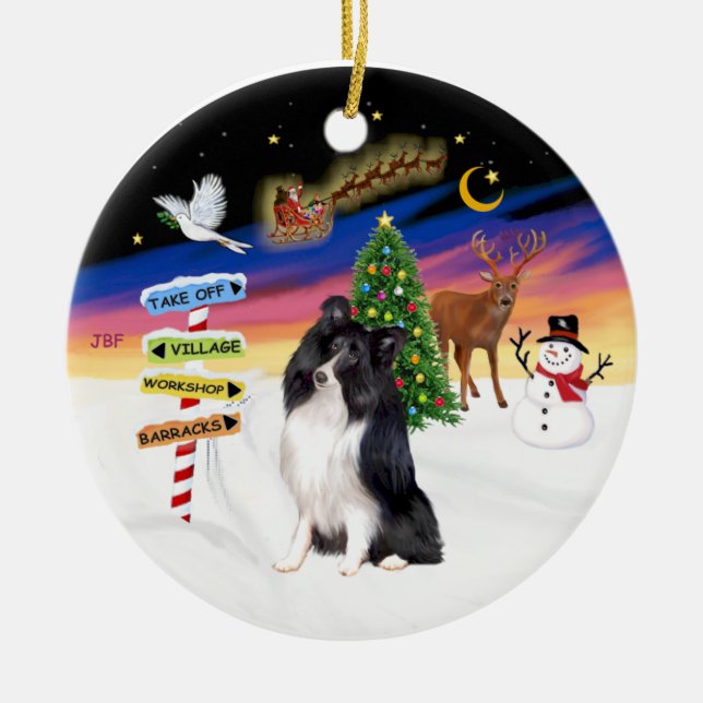 Xmas Magic - Bi svart Shetlandshepperhund Julgransprydnad Keramik (Framsidan)