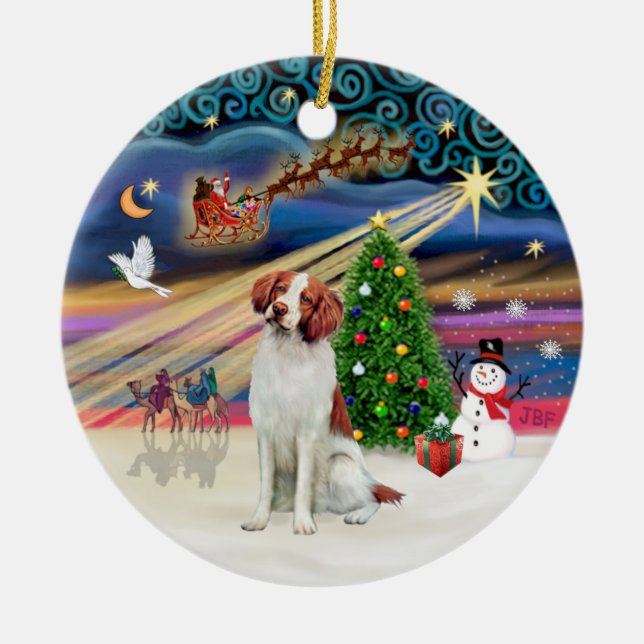 Xmas Magic - Brittany Spaniel Julgransprydnad Keramik (Framsidan)
