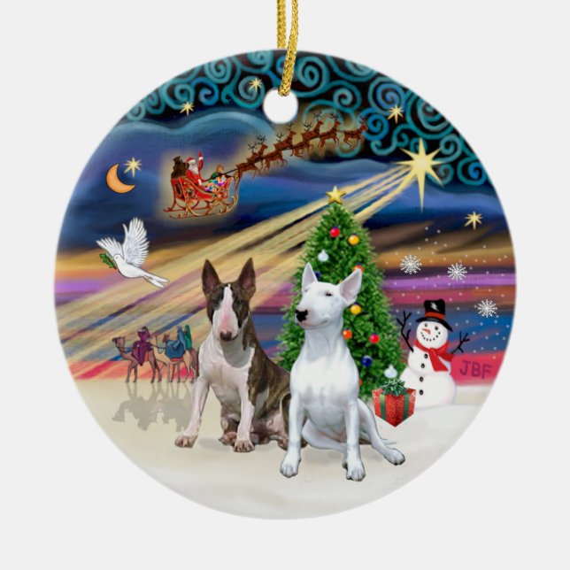 Xmas Magic - Bullterrier (två) Julgransprydnad Keramik (Framsidan)