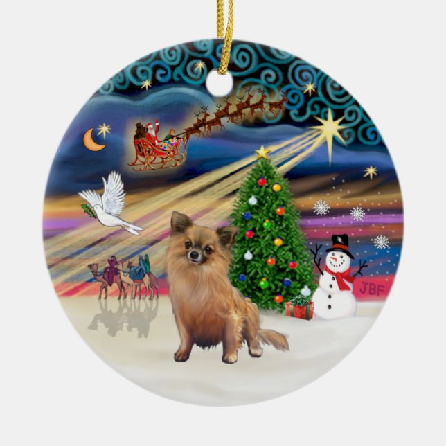 Xmas Magic - Chihuahua (långhårig) Julgransprydnad Keramik (Framsidan)