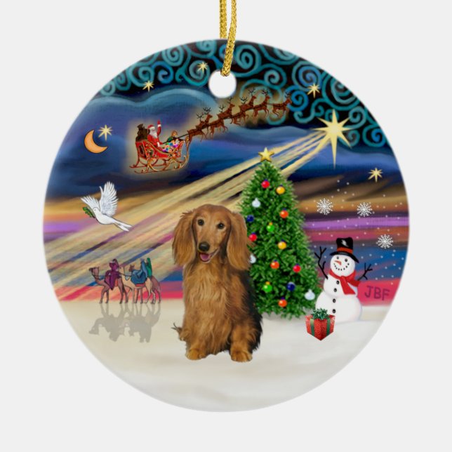 Xmas Magic - Dackel (Långhårig Sable) Julgransprydnad Keramik (Framsidan)