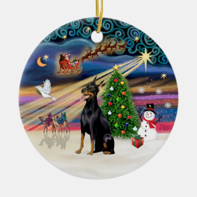 Xmas Magic - Doberman (svart-brun) Julgransprydnad Keramik (Framsidan)
