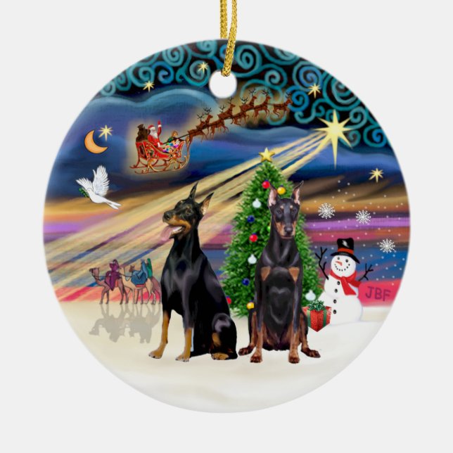 Xmas Magic - Dobermann (två) Julgransprydnad Keramik (Framsidan)