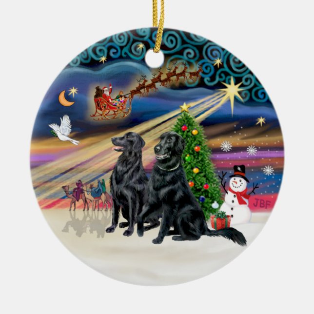 Xmas Magic - Flat Coated Retvrs (två) Julgransprydnad Keramik (Framsidan)