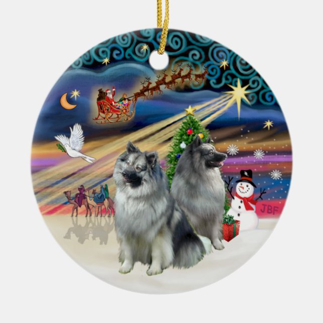 Xmas Magic - Keeshond (två) Julgransprydnad Keramik (Framsidan)