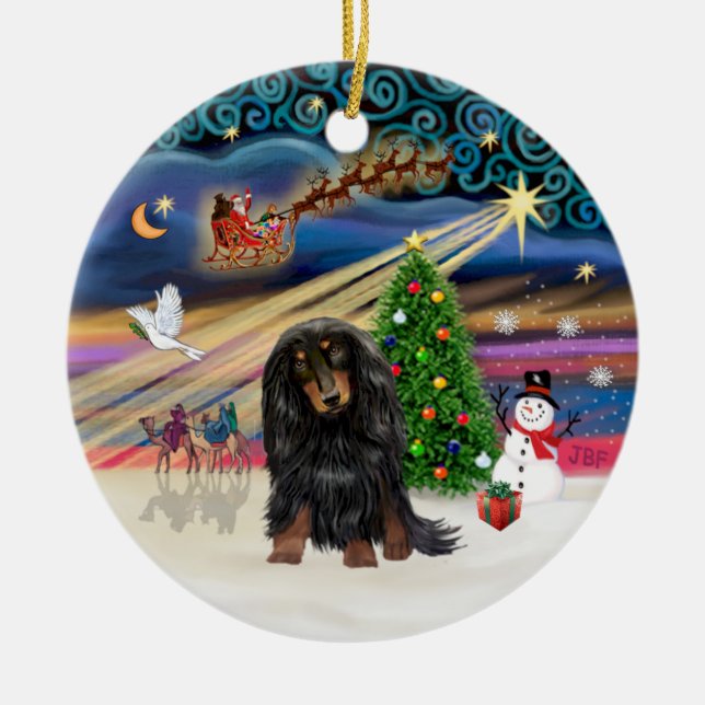 Xmas Magic - Långhårig Dachshund (Svart-Tan) Julgransprydnad Keramik (Framsidan)