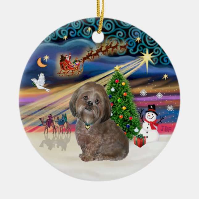 Xmas Magic - Lhasa Apso (brun) Julgransprydnad Keramik (Framsidan)