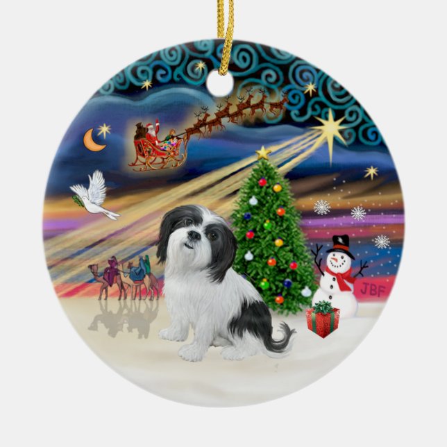 Xmas Magic - Lhasa Apso (svart-vit) Julgransprydnad Keramik (Framsidan)
