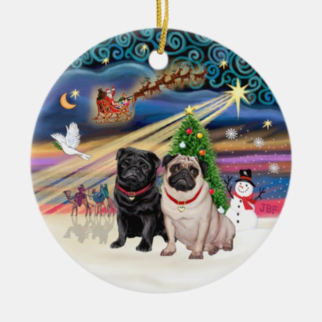 Xmas Magic - Mops (TVÅ-fawn+svart) Julgransprydnad Keramik (Framsidan)