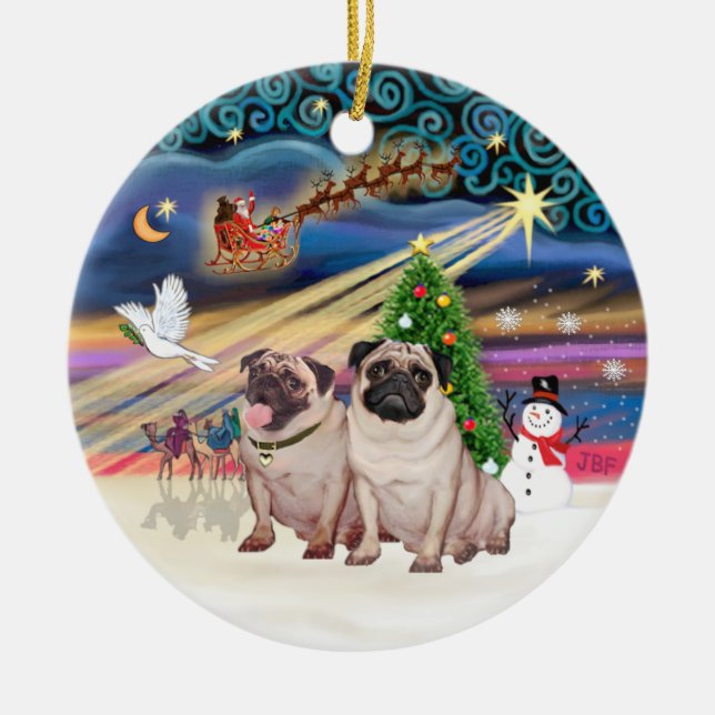 Xmas Magic - Mopsar (Två fawn 2) Julgransprydnad Keramik (Framsidan)