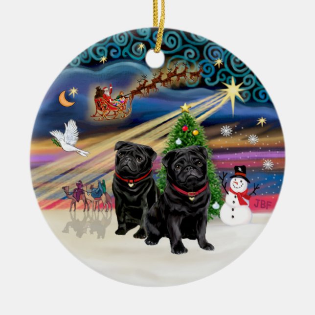 Xmas Magic - Mopsar (TVÅ svarta) Julgransprydnad Keramik (Framsidan)
