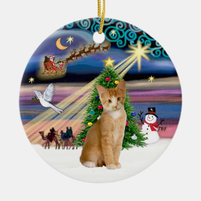 Xmas Magic - Orange - vit tabbykatt 40 Julgransprydnad Keramik (Framsidan)