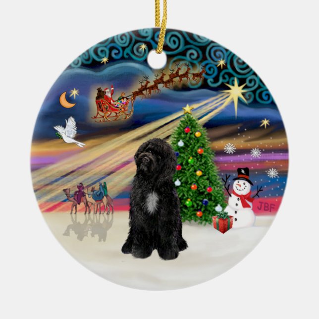 Xmas Magic - Portugisisk Vattenhund (R-sit) Julgransprydnad Keramik (Framsidan)